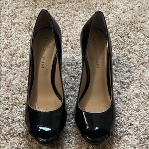 ANTONIO MELANI Glossy Black Peep Toe Heels